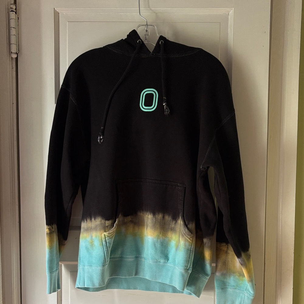 Overtime Black Tie-Dye Hem Hoodie with Aqua Accent Men’s Size Medium